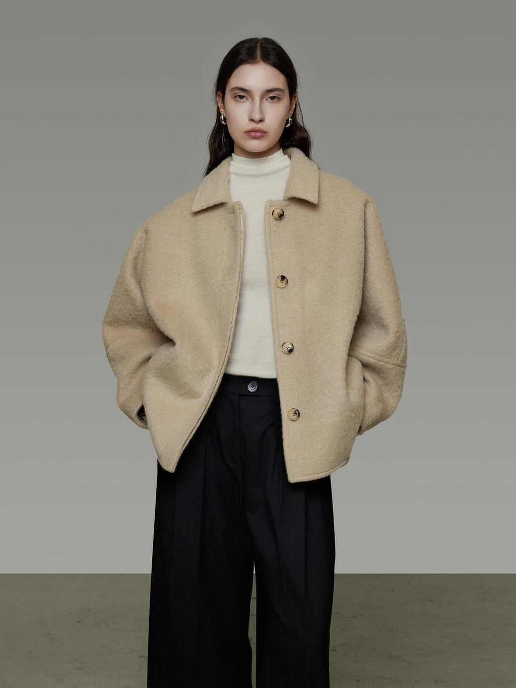 unspoken 3D Tailored Minimalist Loose Fit Office Lapel Single Breasted Camel Short Coat