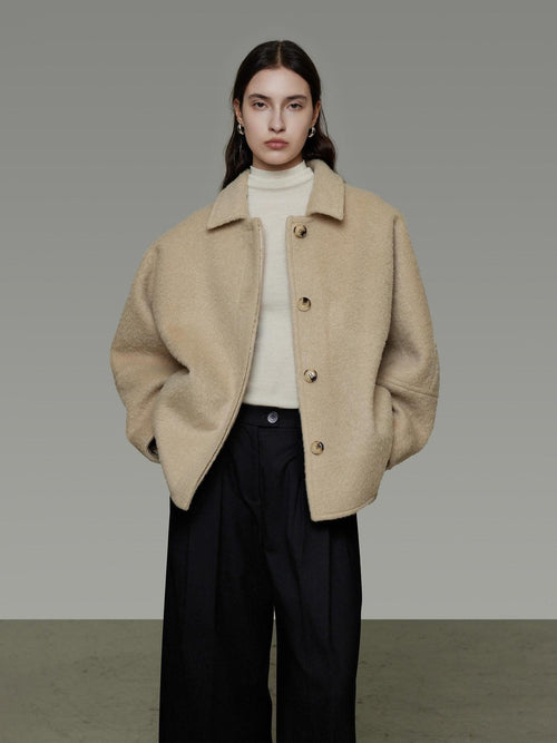 unspoken 3D Tailored Minimalist Loose Fit Office Lapel Single Breasted Camel Short Coat