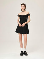 ikyou Waist Defining Lace Minimalist Off Shoulder A Line Black Midi Dresses