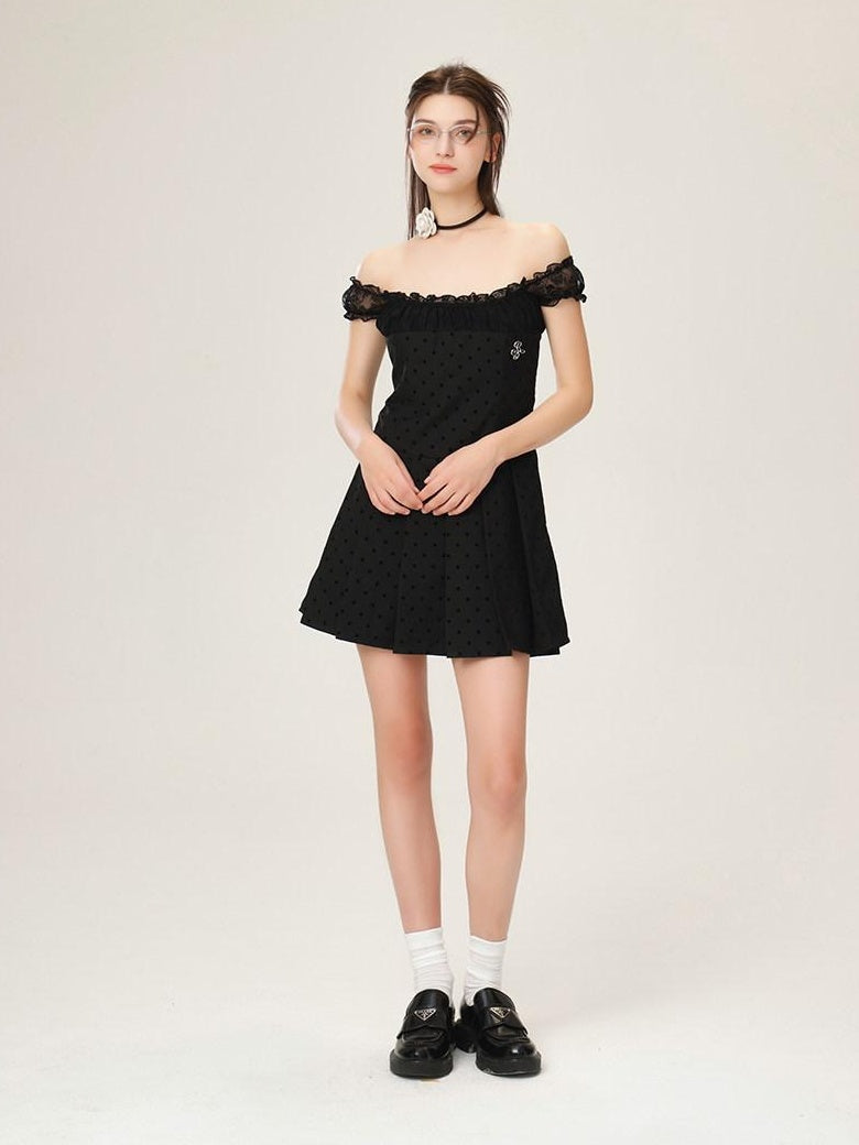 ikyou Waist Defining Lace Minimalist Off Shoulder A Line Black Midi Dresses