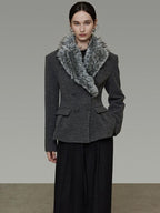 unspoken Wool Blend Double Breasted Slim Lapel Tailored Minimal Workwear Gray Short Coat