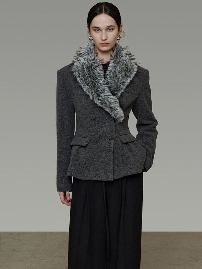 unspoken Wool Blend Double Breasted Slim Lapel Tailored Minimal Workwear Gray Short Coat