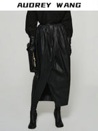 audreyyang Shape Retaining Cotton Pleated Bubble Midrise Elastic Front Slit Midi Skirts