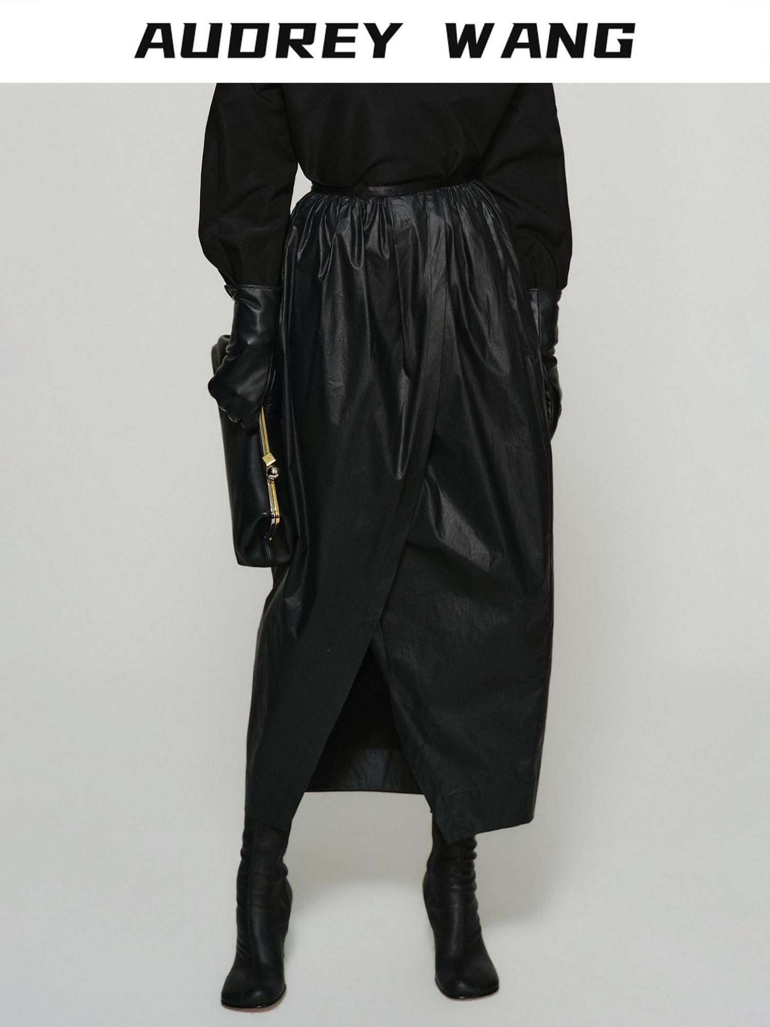 audreyyang Shape Retaining Cotton Pleated Bubble Midrise Elastic Front Slit Midi Skirts