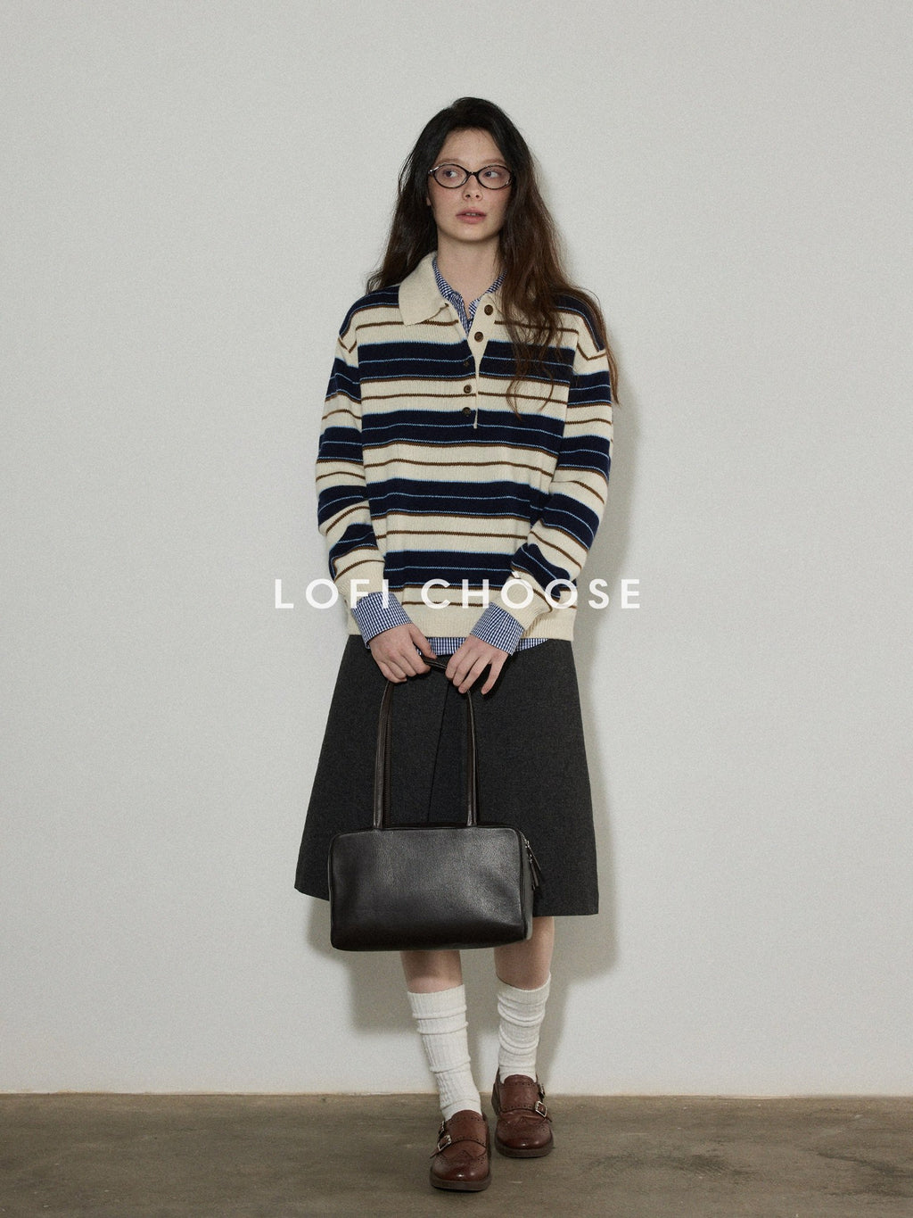 Lofi choose Contrast Polo Collar Striped Loose Office Knit Button Pullover Women Sweaters