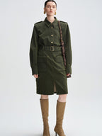audreyyang Thick Cotton Cinched Waist Vintage Long Sleeve Army Green Top & Skirt Sets