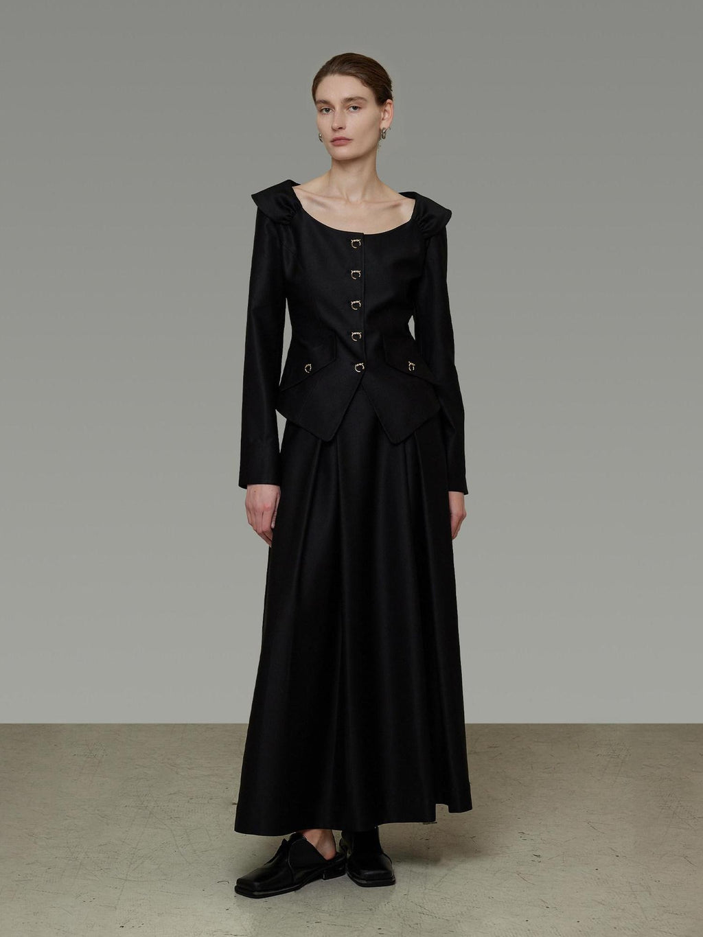 unspoken Slim Long Sleeve Square Neck Button Crop Top High Waist Black Top & Skirt Sets
