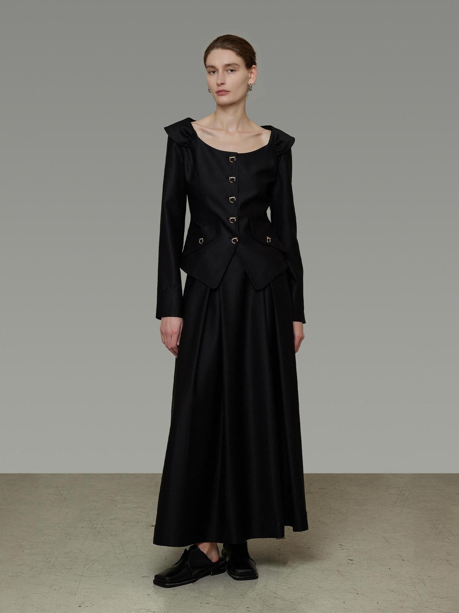 unspoken Slim Long Sleeve Square Neck Button Crop Top High Waist Black Top & Skirt Sets