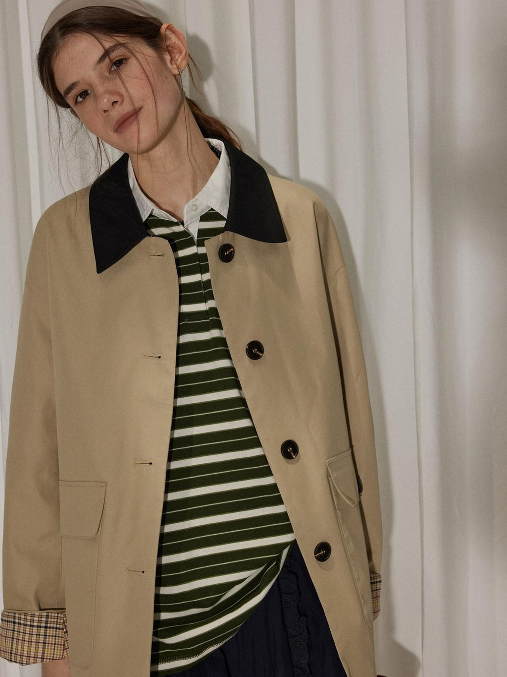 Lofi choose Cotton Blend Loose Fit Commuter Short Single Breasted Khaki Black Trench Coats