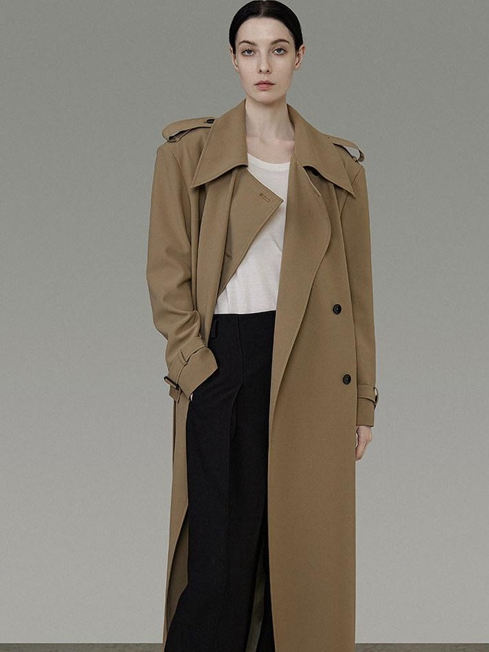 unspoken Double Breasted Straight Minimalist Office Tea Brown Longline Women Trench Coats