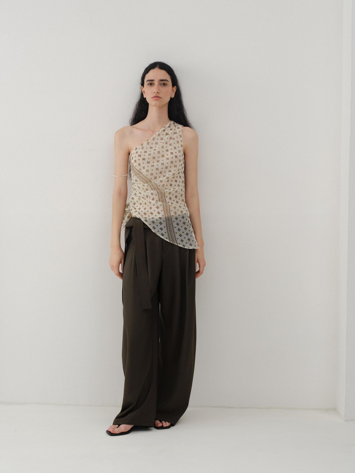 someonesometimes Ruched Asymmetrical Tie One Shoulder Workwear Floral Polyester Beige Tube Tops