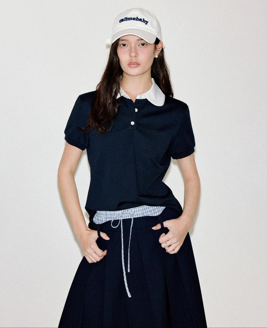 fano Patchwork Slim Korean Henley Neck Cross Navy Short Sleeve T-Shirts
