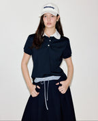 fano Patchwork Slim Korean Henley Neck Cross Navy Short Sleeve T-Shirts