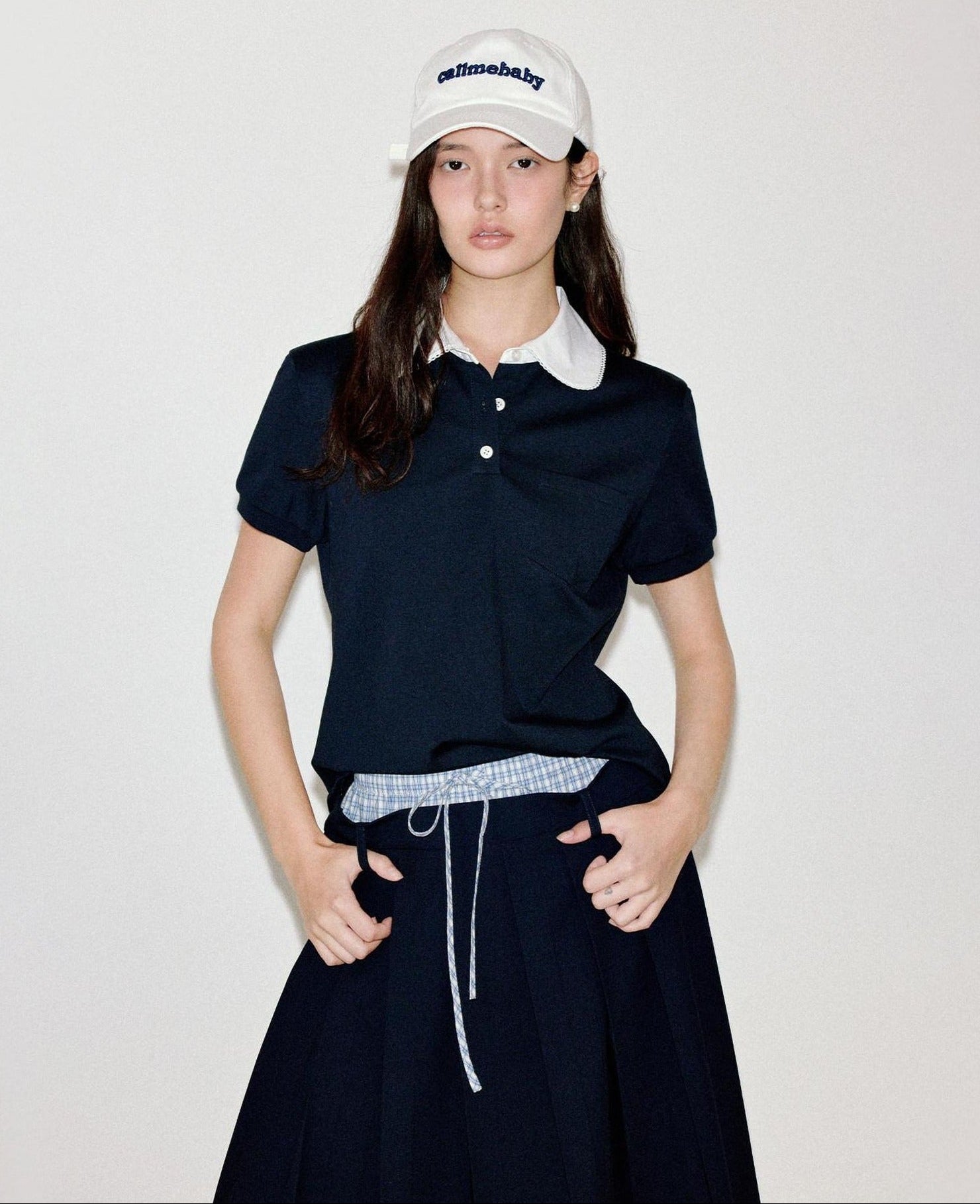 fano Patchwork Slim Korean Henley Neck Cross Navy Short Sleeve T-Shirts