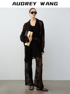 audreyyang Chic Two Piece Polyester V-neck Long Sleeve Set Women Black White Wide Leg Pants