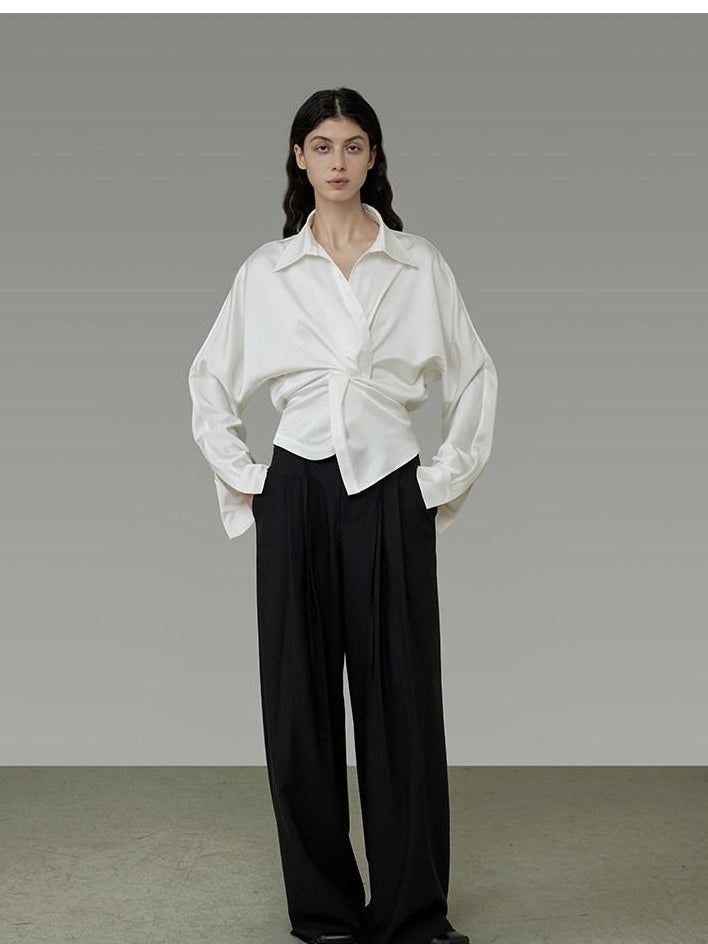 unspoken Shape Retaining Relaxed Slim V-neck Button Long Sleeve Women Polyester Blouses