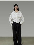 unspoken Shape Retaining Relaxed Slim V-neck Button Long Sleeve Women Polyester Blouses