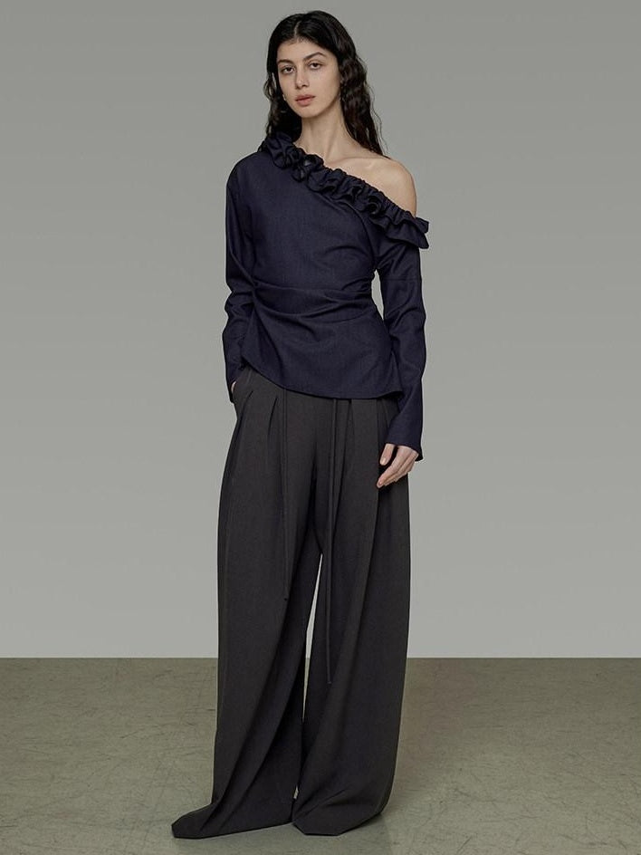 unspoken Warm Slanted Collar Loose Fit Long Sleeve Office Dark Blue Polyester Blouses