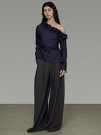 unspoken Warm Slanted Collar Loose Fit Long Sleeve Office Dark Blue Polyester Blouses