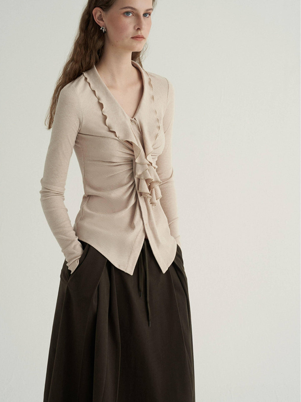 someone sometimes Ruffled V-neck Slim Fit Thin Knit Viscose Women Oatmeal Long Sleeve T-Shirts