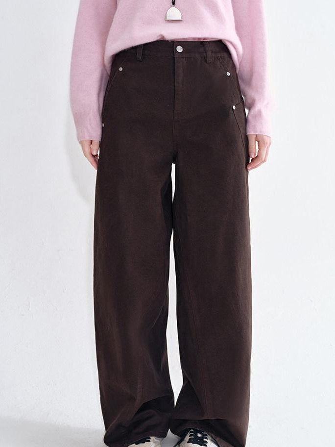 fano Breathable Pure Cotton Straight Leg Natural Waist Women Brown Sweatpants