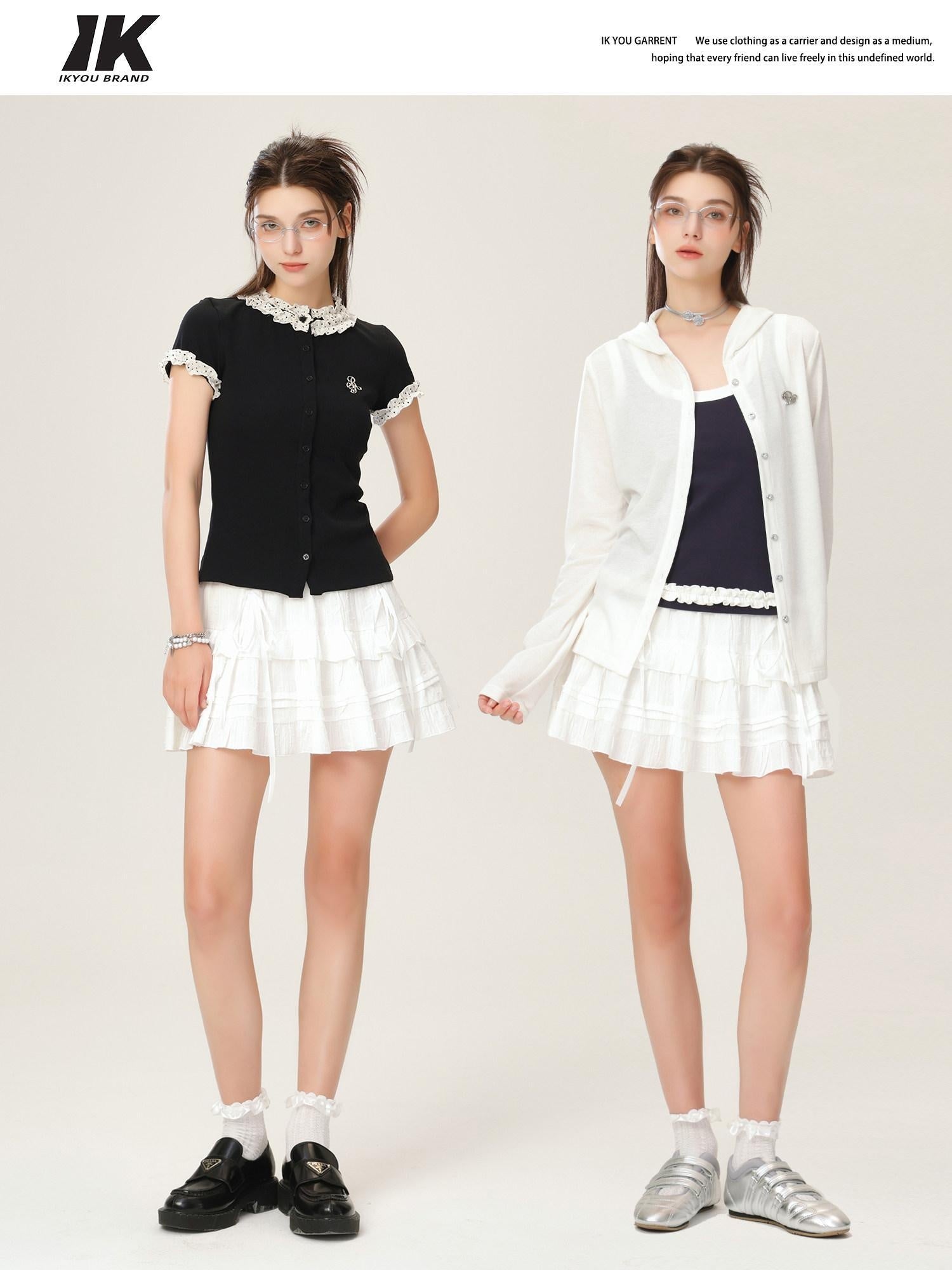 ikyou Soft Cotton Jacquard Lined A Line Puff Skirt Bow Lace Women Daily Mini Skirts