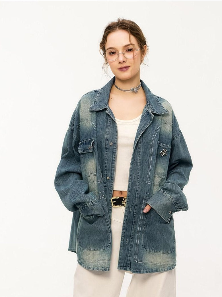 ikyou Shape Retaining Vintage Loose 3D Detail Women Midlength Blue Denim Jackets