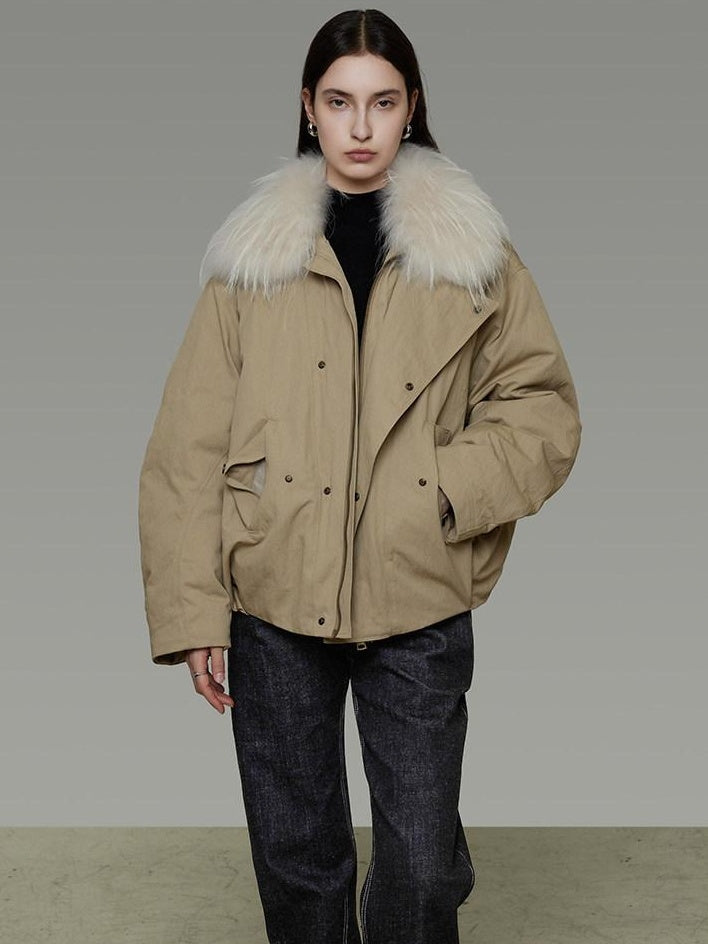 unspoken 90% White Duck Down Fur Collar Loose Commuter Khaki Zip Lapel Down Jackets