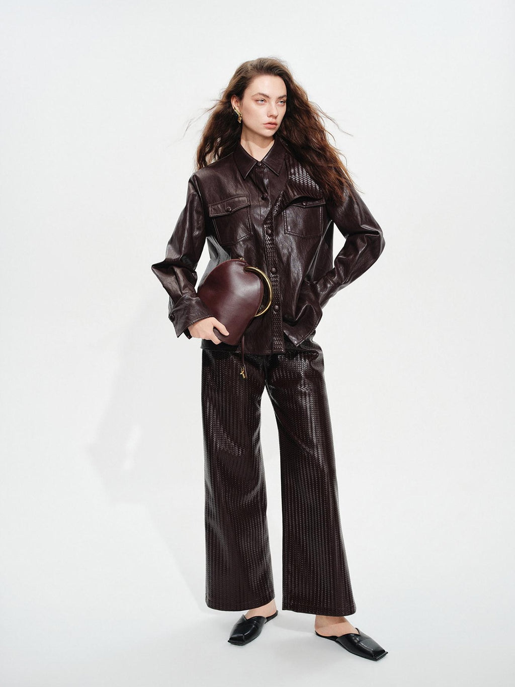 audreyyang Pu Faux Leather Casual Natural Waist Zip Fly Women Straight Pants