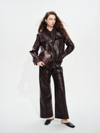 audreyyang Pu Faux Leather Casual Natural Waist Zip Fly Women Straight Pants