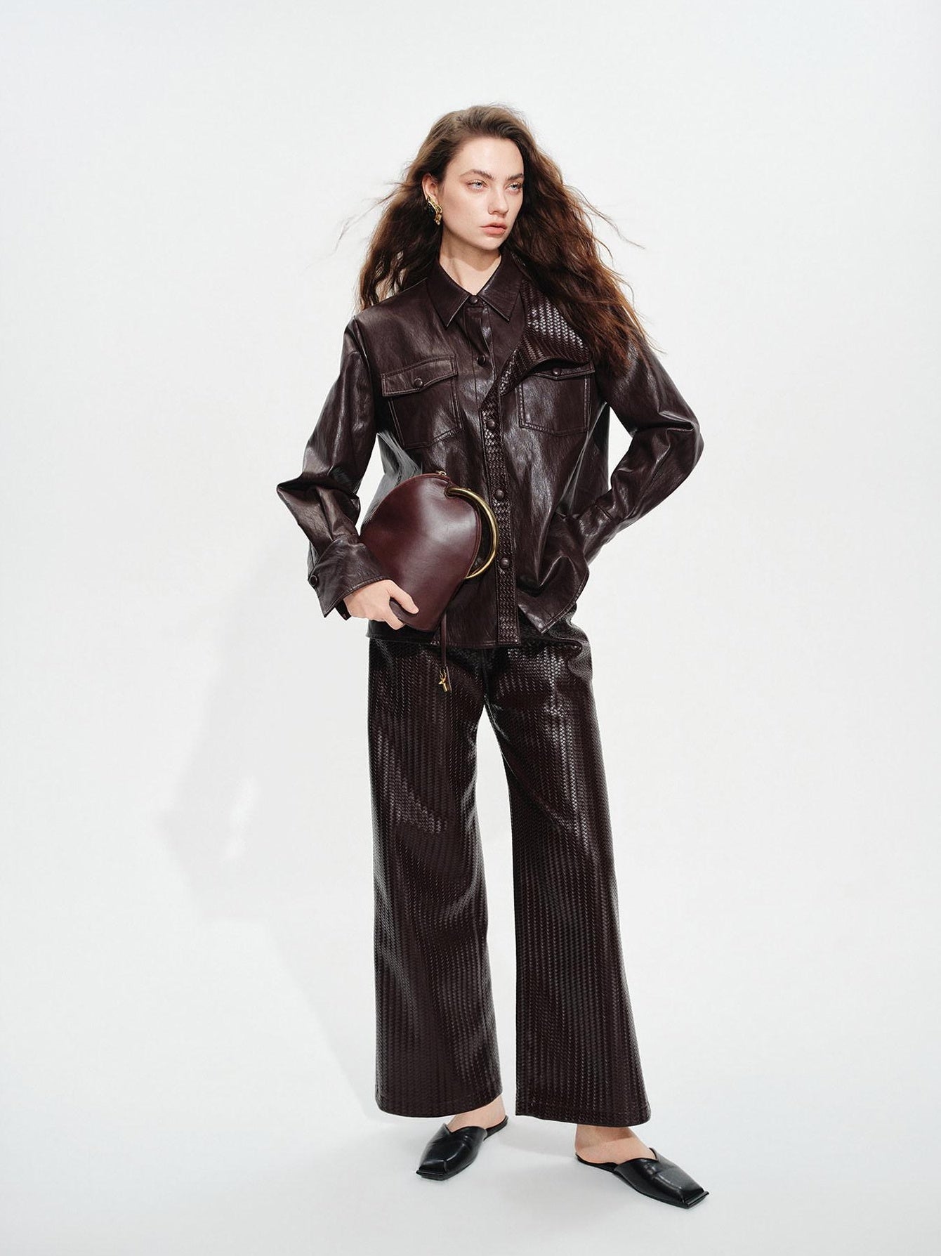 audreyyang Pu Faux Leather Casual Natural Waist Zip Fly Women Straight Pants