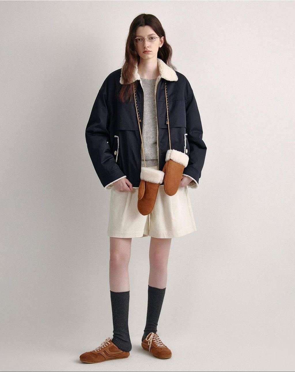 fano Patchwork Cozy Relaxed Loose Fit Commuter Navy Zipper Long Sleeve Puffer Jackets