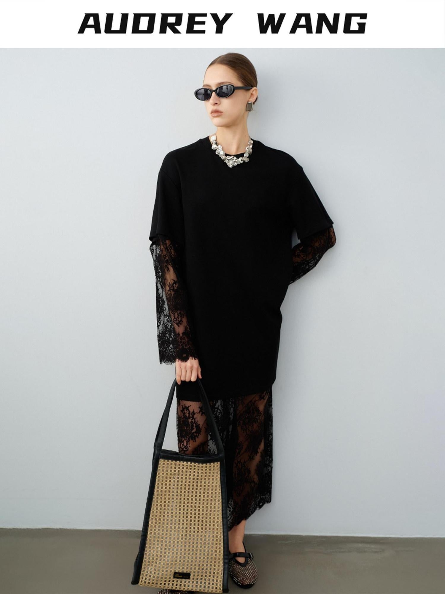 audreyyang Lace Trim Cotton Loose Aline Skirt Short Sleeve Casual Women Top & Skirt Sets