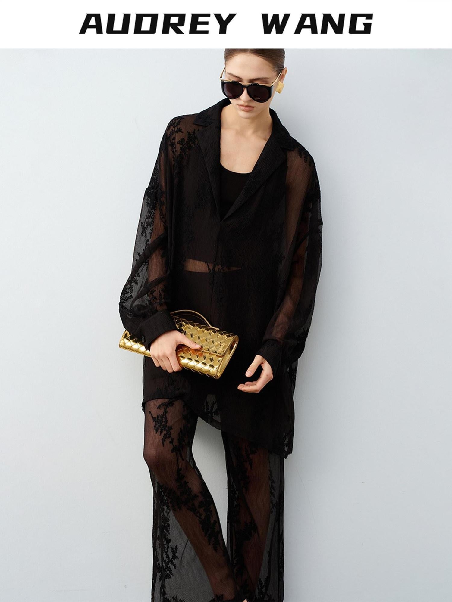 audreyyang Chic Two Piece Polyester V-neck Long Sleeve Set Women Black White Wide Leg Pants