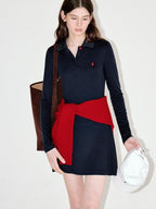 fano Soft Embroidered Tencel Vintage Aline Slim Long Sleeve Navy Midi Dresses