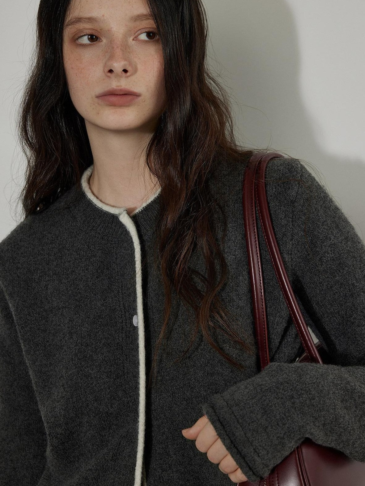 Lofi choose Cozy Contrast Trim Rolled Cuff Relaxed Fit Office Women Knit Button Cardigans