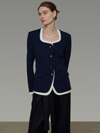 unspoken Durable Shape Loose Office Button Flap Pocket Women Navy Cropped Jackets