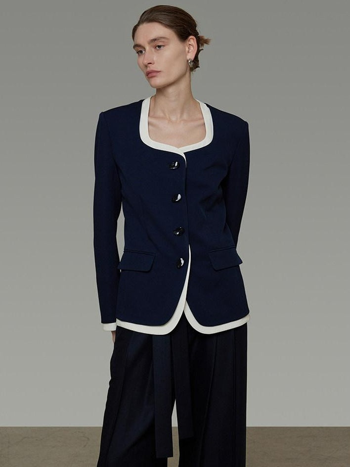 unspoken Durable Shape Loose Office Button Flap Pocket Women Navy Cropped Jackets