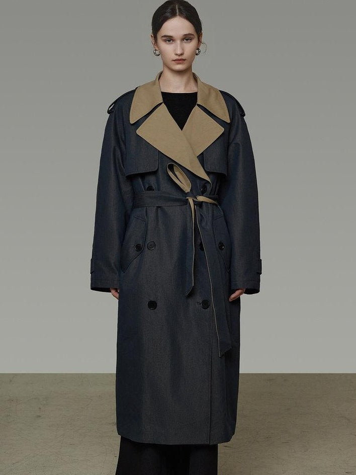 unspoken Navy Cotton Denim Double Breasted Loose Fit Commuter Women Trench Coats