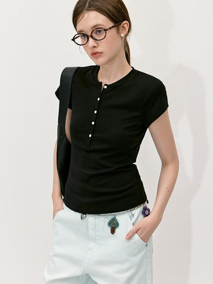 fano Black Slim Fit Half Collar Button Commuter Women Lyocell Short Sleeve T-Shirts