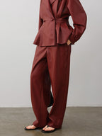 audreyyang 100 Percent Polyester Loose Fit Burgundy Women Wide Leg Pants