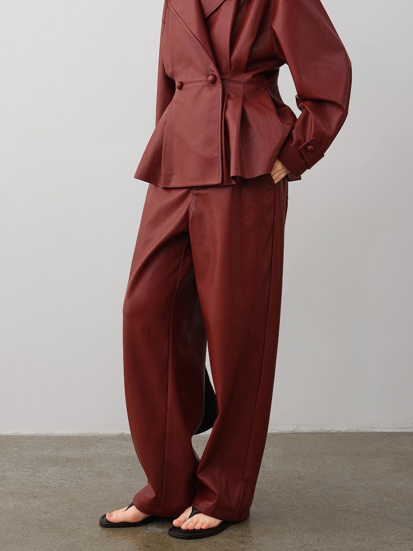 audreyyang 100 Percent Polyester Loose Fit Burgundy Women Wide Leg Pants