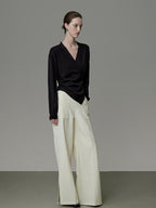 unspoken Soft Asymmetrical Loose Women V-neck Long Sleeve Black Blouses