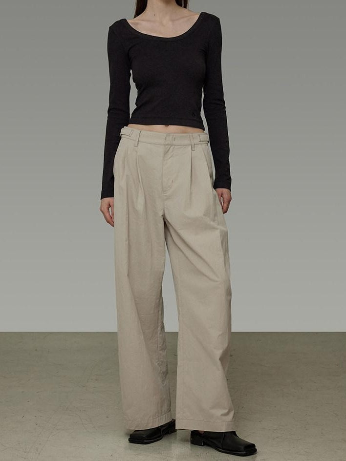 unspoken Pleated Natural Waist Minimalist Loose Women Khaki Zipper Wide Leg Pants