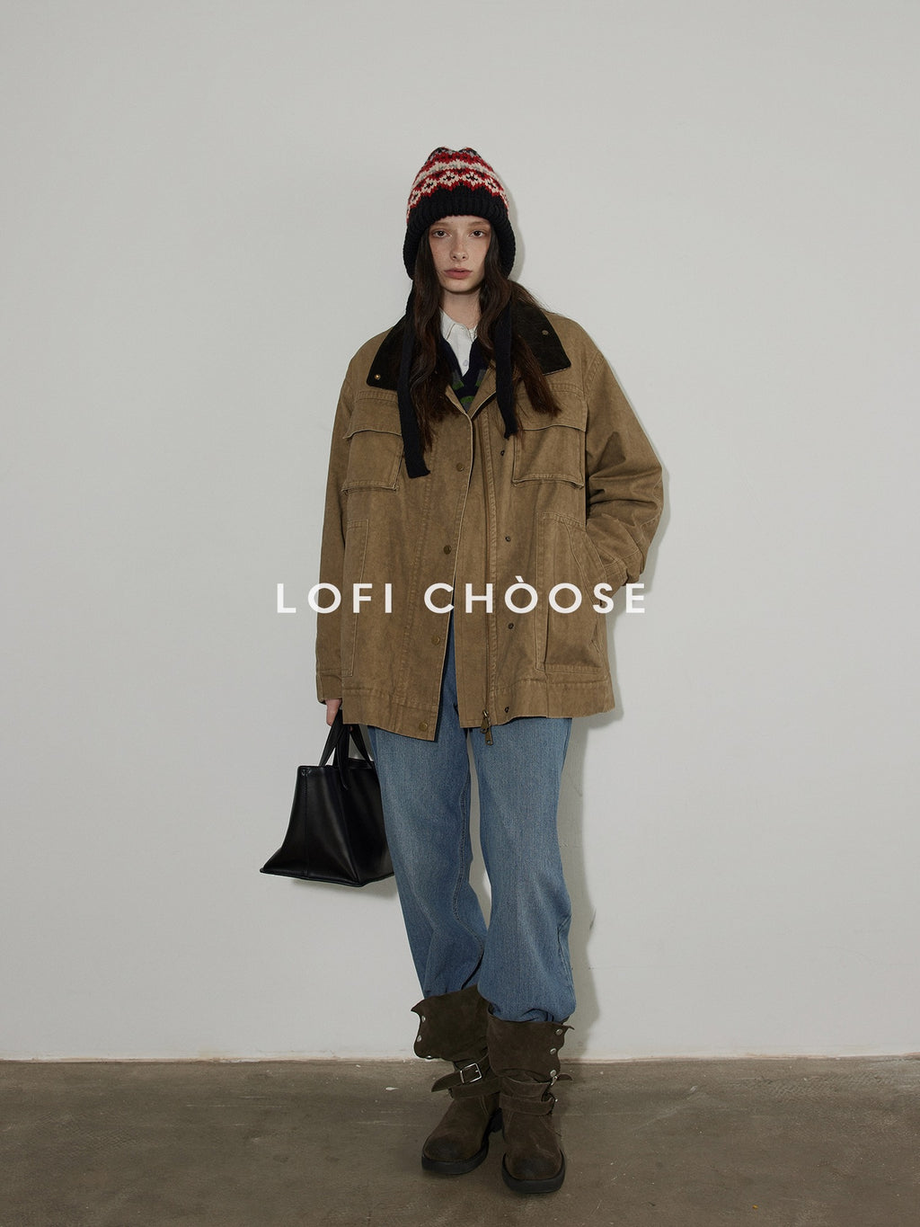 Lofi choose Warm Insulated Oversized Commuter Stand Collar Sand Brown Zip Puffer Jackets