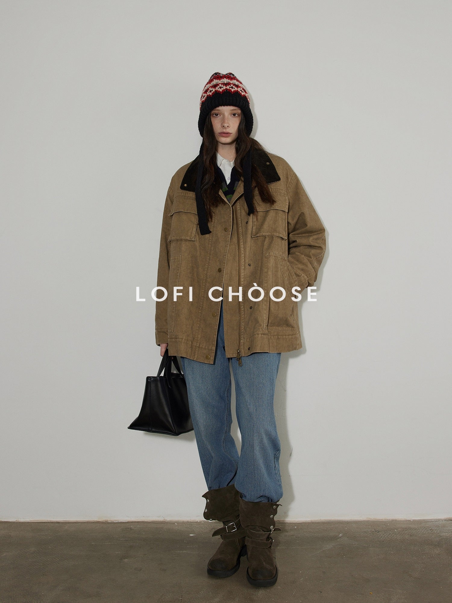 Lofi choose Warm Insulated Oversized Commuter Stand Collar Sand Brown Zip Puffer Jackets