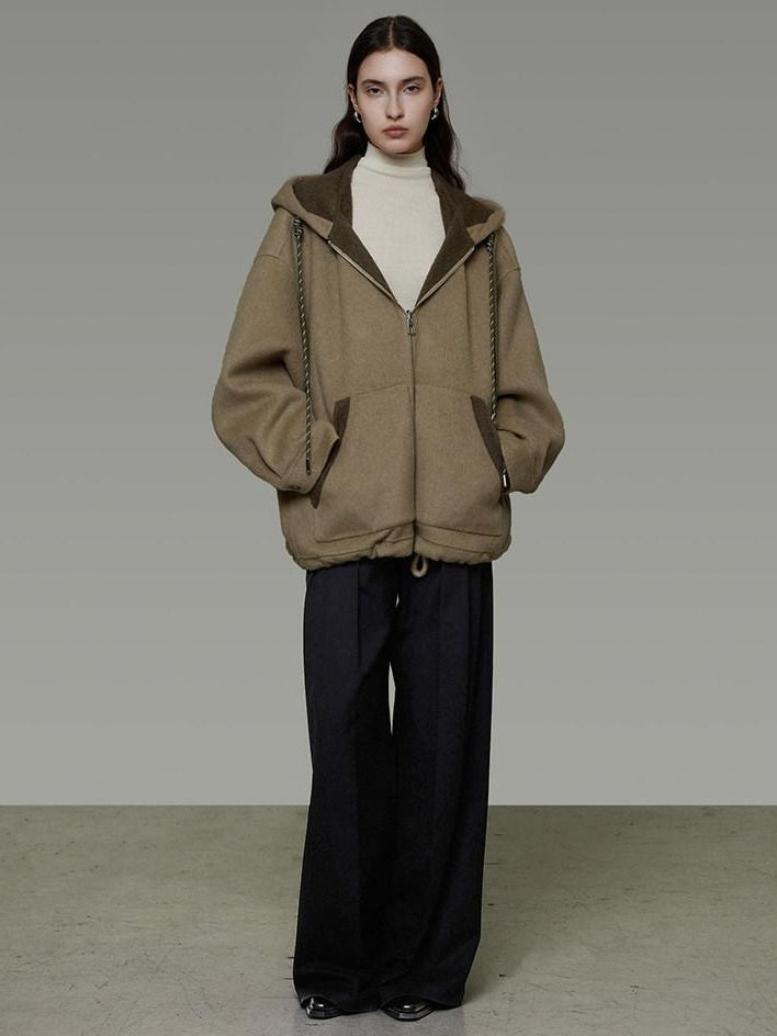 unspoken Premium Sheepswool Minimal Commuter Loose Fit Hooded Zip For Women Wool Coats
