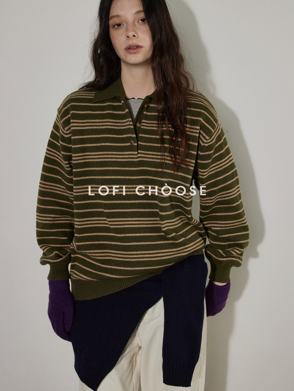 Lofi choose Cozy Striped Polo Collar Loose Fit Knit Pullover Workwear Acrylic Sweaters