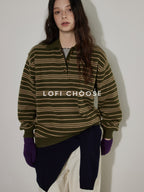 Lofi choose Cozy Striped Polo Collar Loose Fit Knit Pullover Workwear Acrylic Sweaters