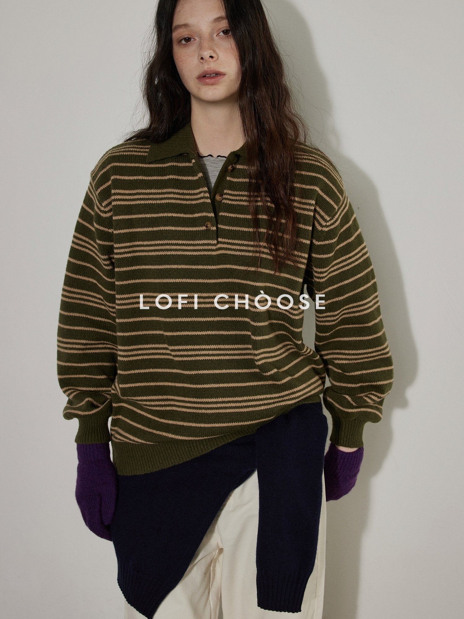 Lofi choose Cozy Striped Polo Collar Loose Fit Knit Pullover Workwear Acrylic Sweaters